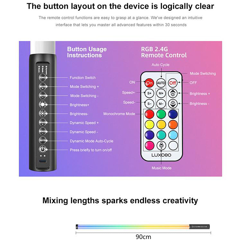 Professional Full Spectrum Handheld RGB Tube Light, CRI 95+